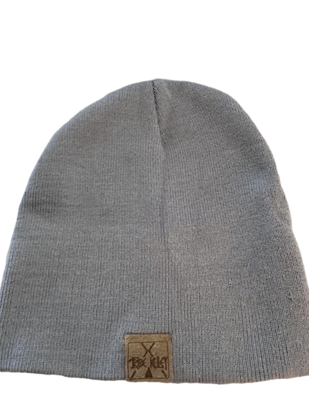 Neutral Gray Knit Beanie with Leather Logo Patch